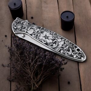 Kershaw Leek - Laser Engraved Floral Scrollwork - Stainless - Left Angle