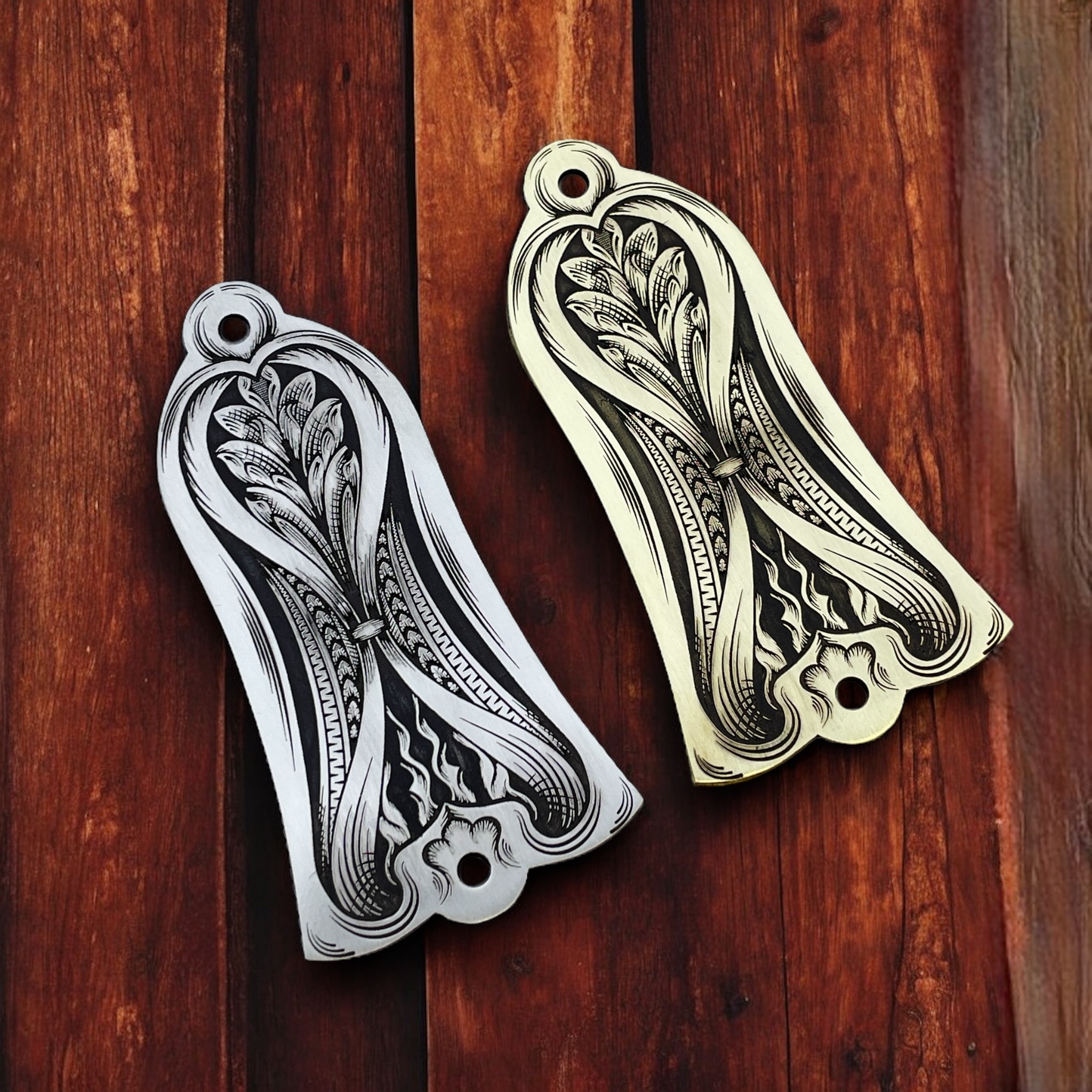 Gibson Truss Rod Cover - Engraved Vanishing Ornamentation - Brass and Nickel - Left Angle