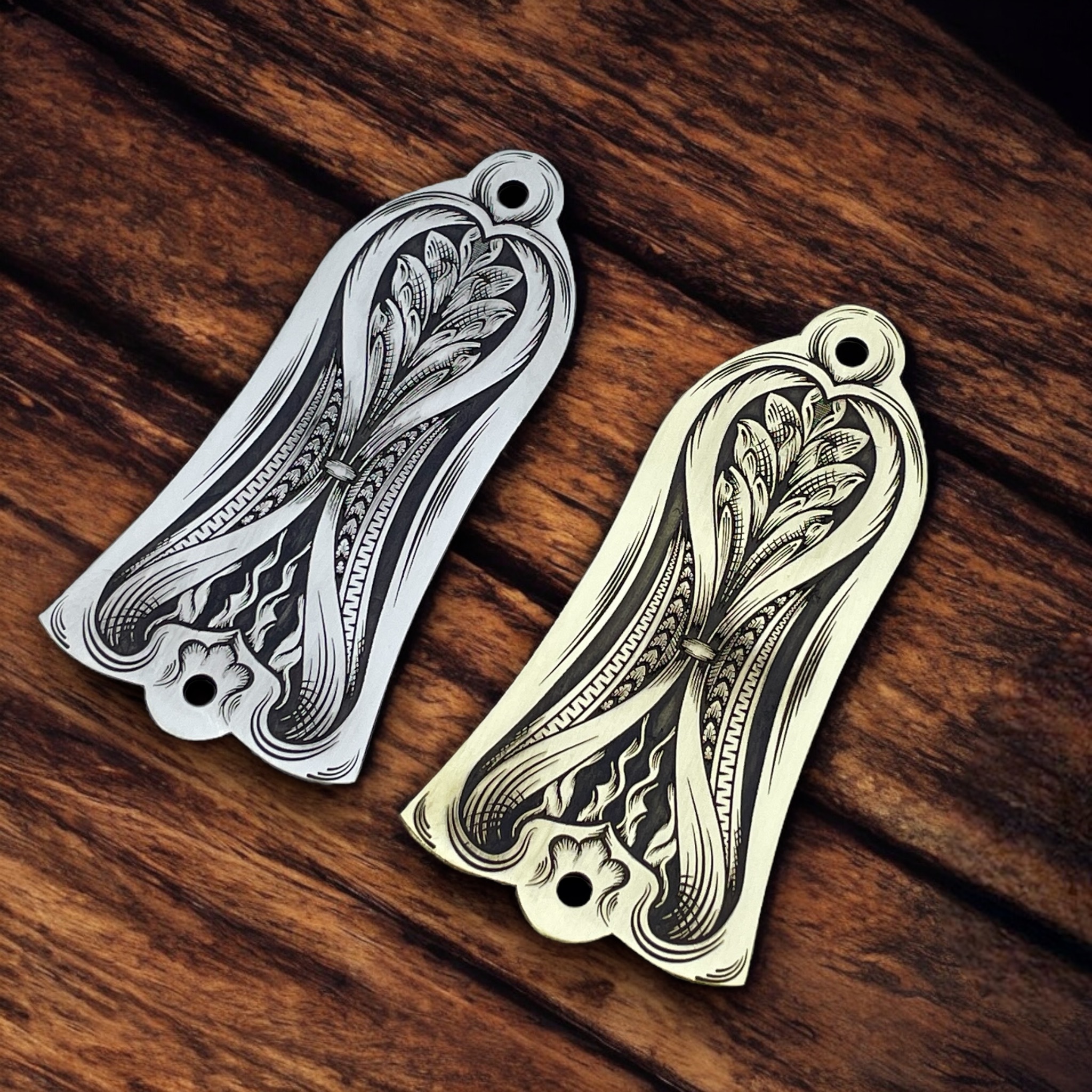 Gibson Truss Rod Cover - Engraved Vanishing Ornamentation - Brass and Nickel - Right Angle