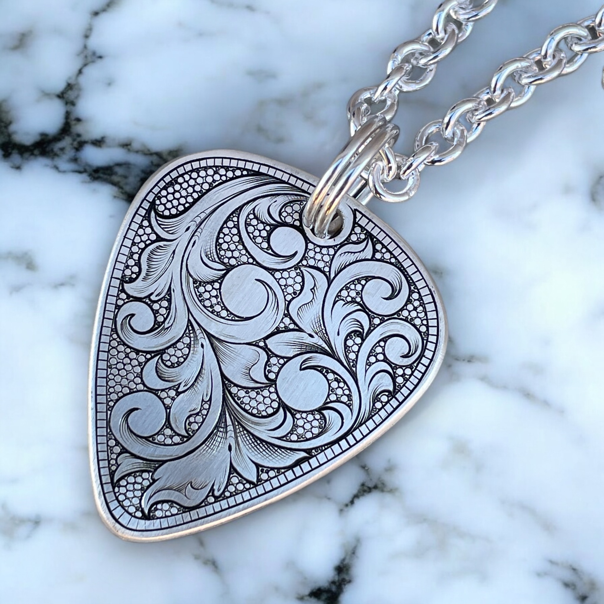 Hand Engraved Guitar Pick Pendant - Scrolls - Right Angle
