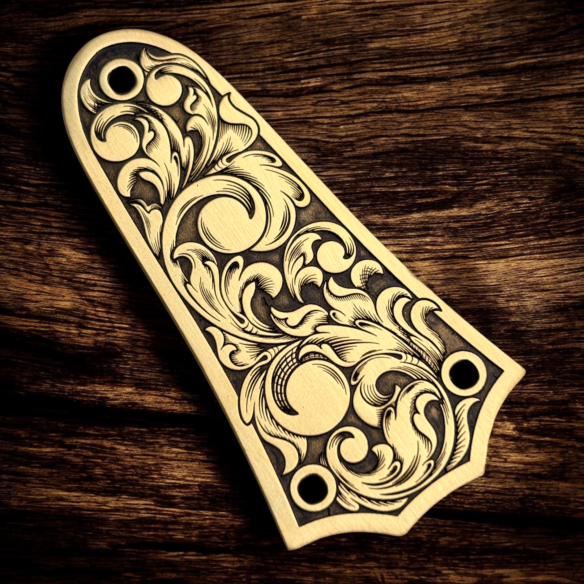 Taylor 3 Hole Truss Rod Cover with Engraved Scrollwork - Brass - Left Angle