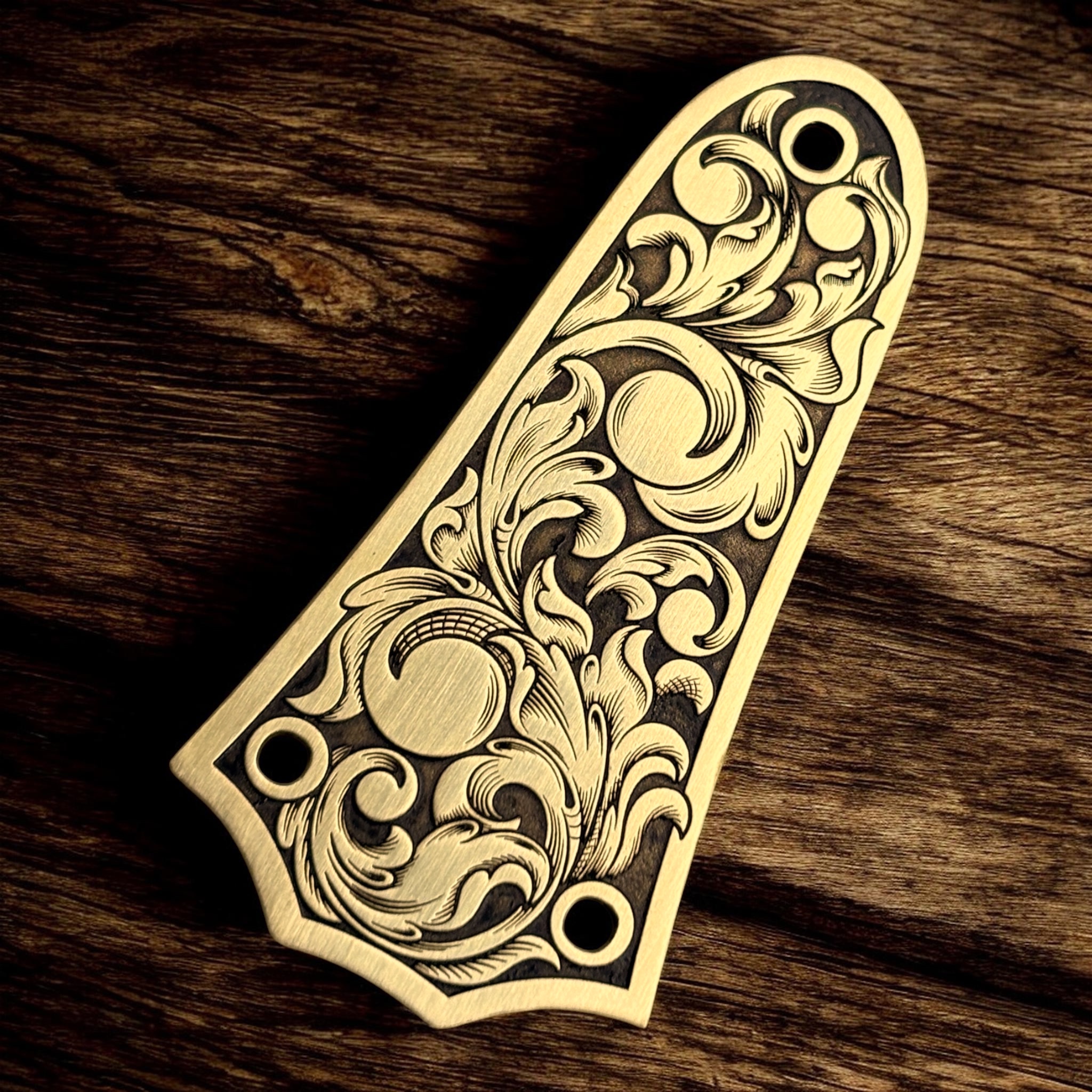 Taylor 3 Hole Truss Rod Cover with Engraved Scrollwork - Brass - Right Angle