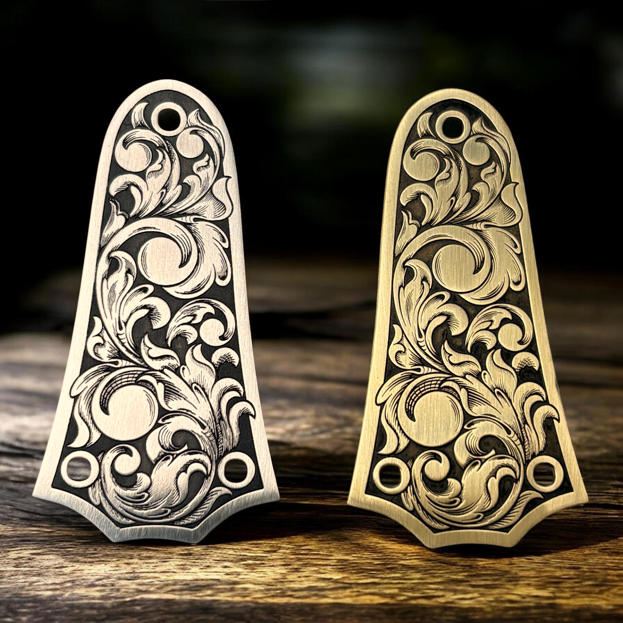 Taylor 3 Hole Truss Rod Cover with Engraved Scrollwork - Stainless Steel and Brass