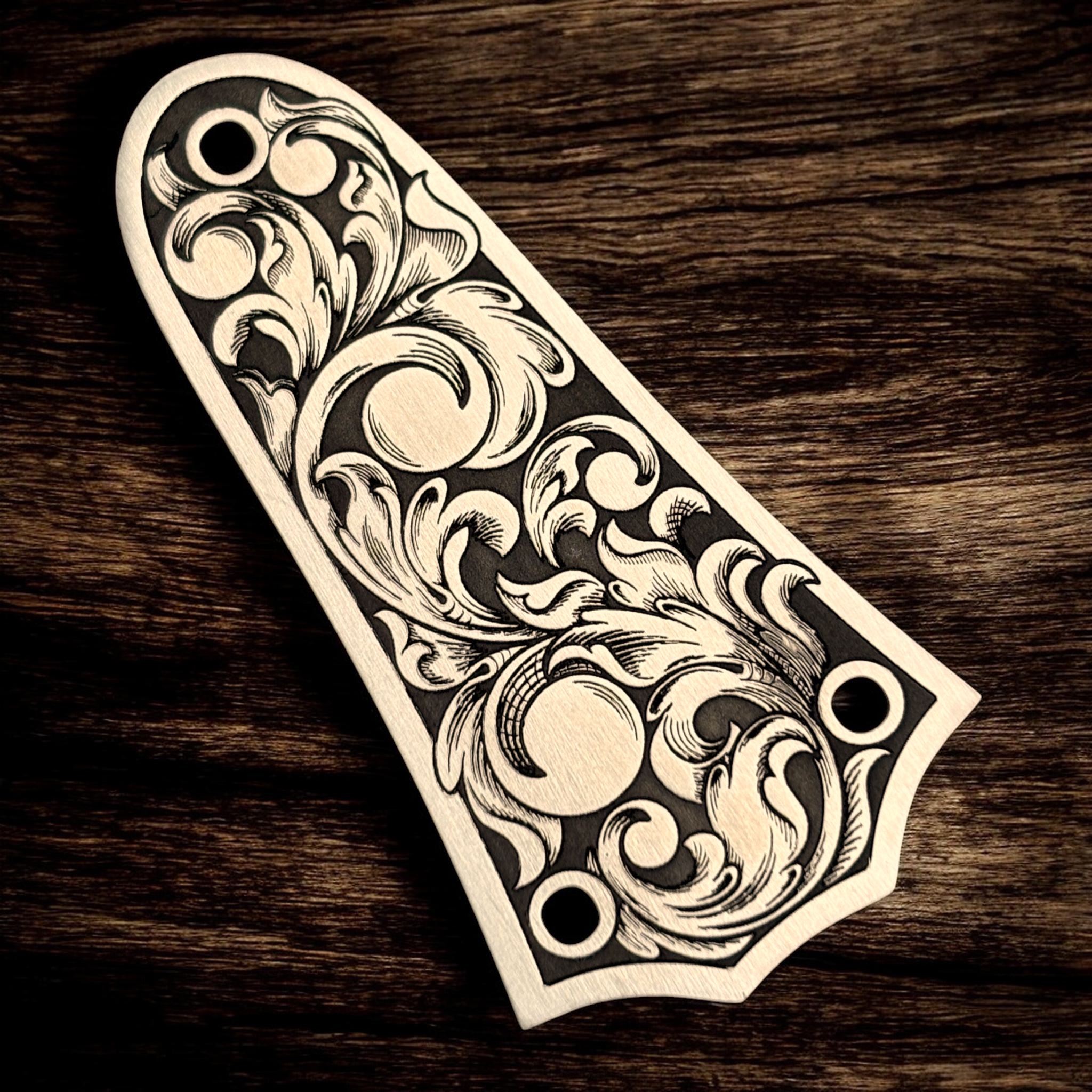 Taylor 3 Hole Truss Rod Cover with Engraved Scrollwork - Stainless Steel - Left Angle