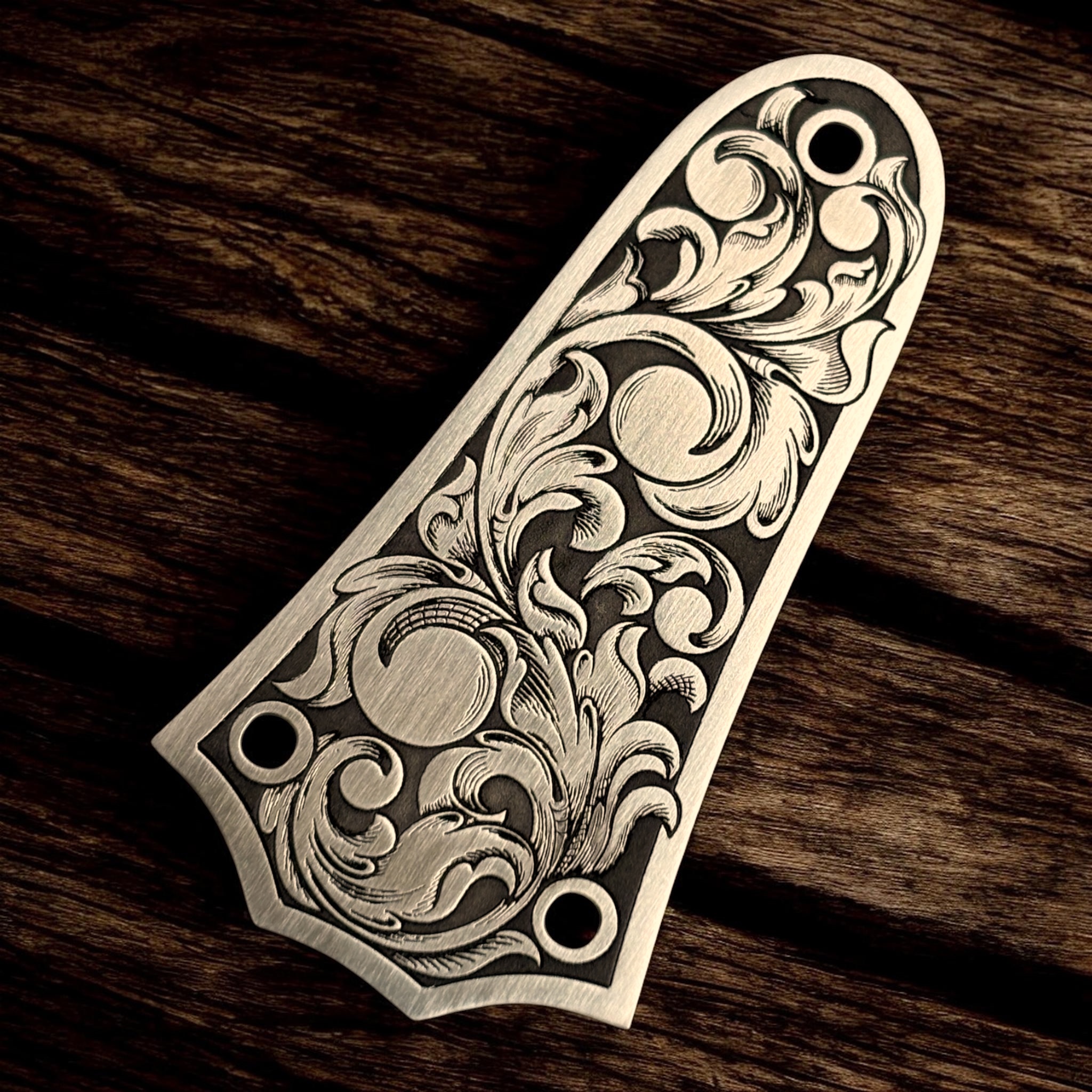 Taylor 3 Hole Truss Rod Cover with Engraved Scrollwork - Stainless Steel - Right Angle