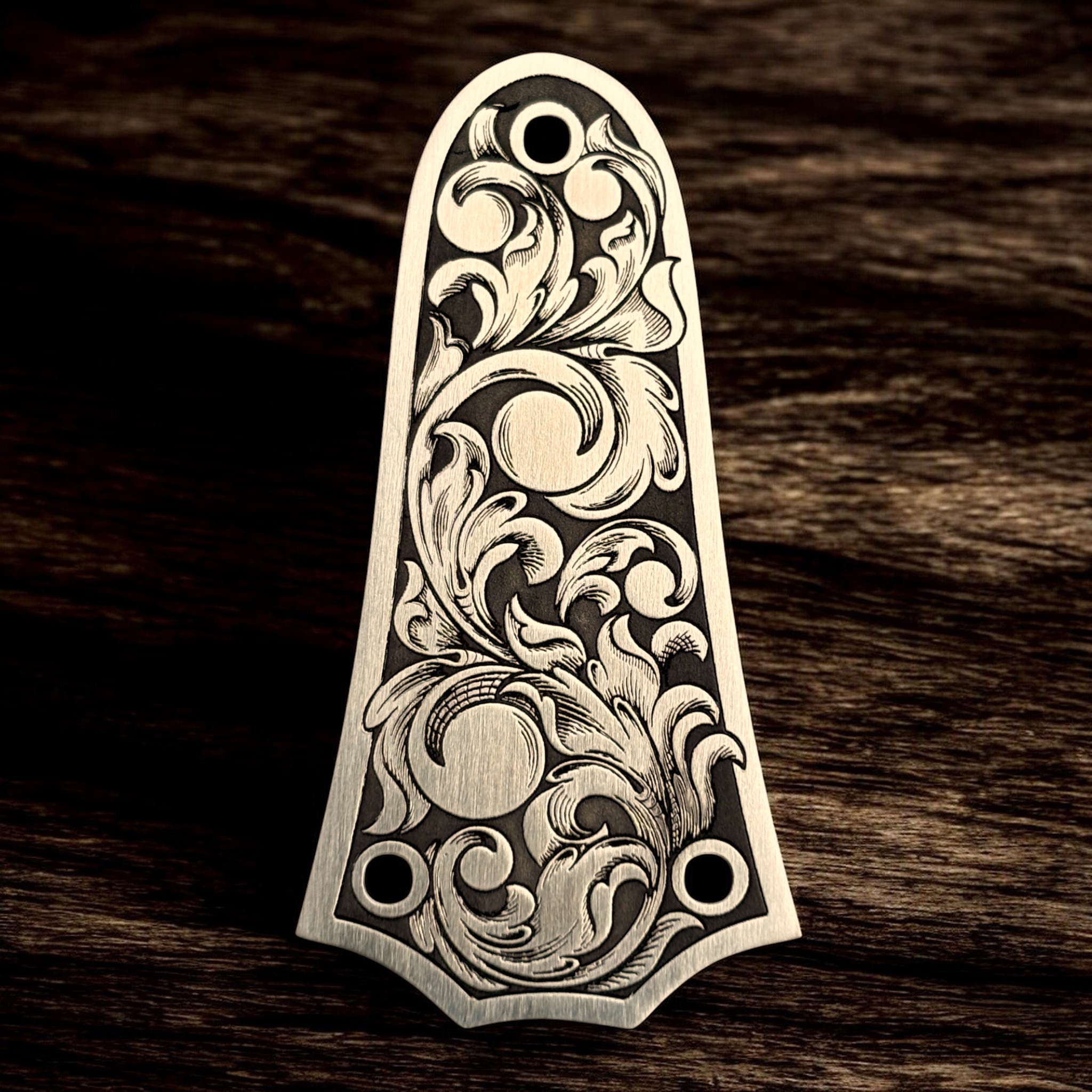 Taylor 3 Hole Truss Rod Cover with Engraved Scrollwork - Stainless Steel