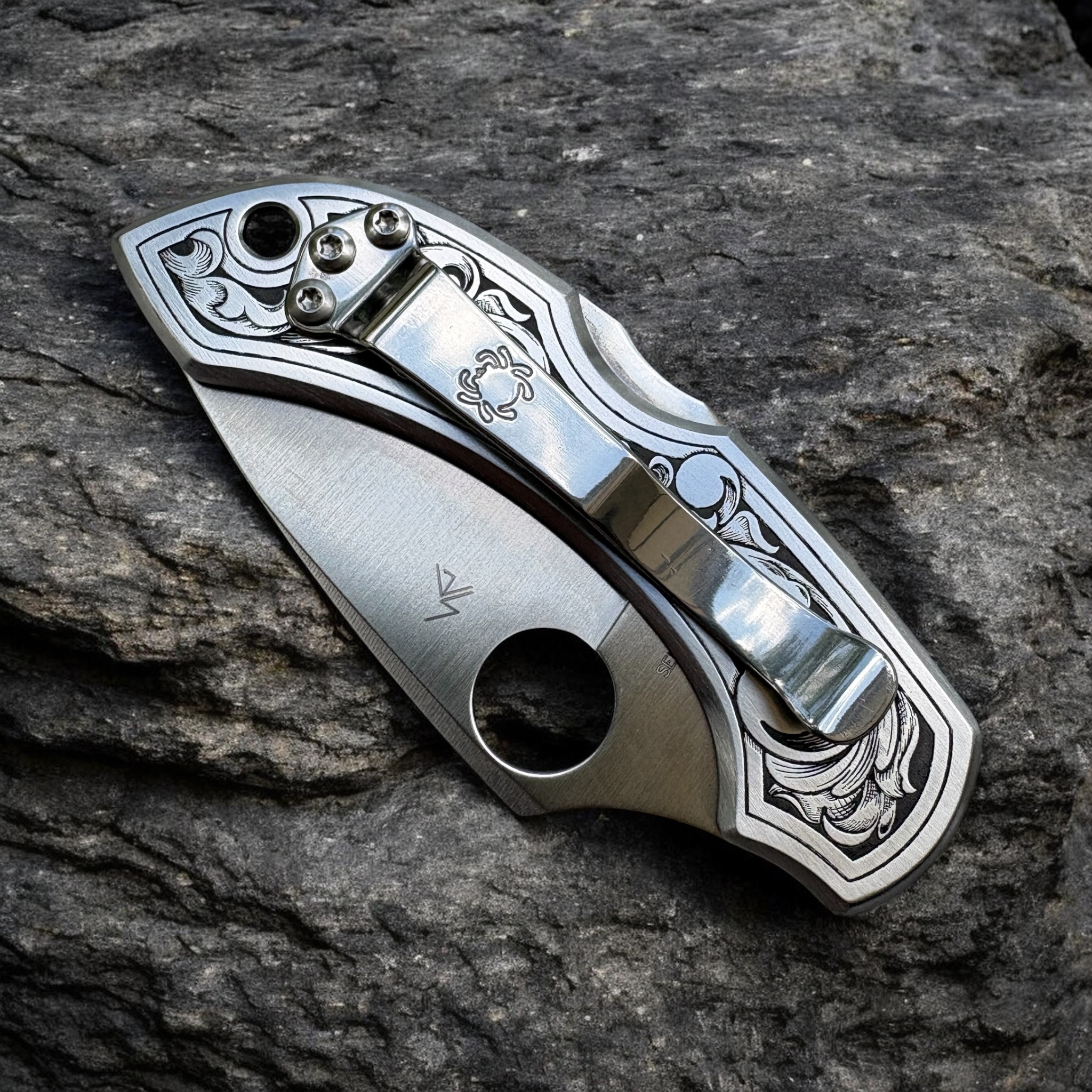 Spyderco Dragonfly with Deep Engraved Scrollwork - Back with Clip