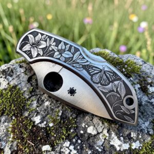 Spyderco Dragonfly with Engraved Lilies and Butterfly - Left Angle