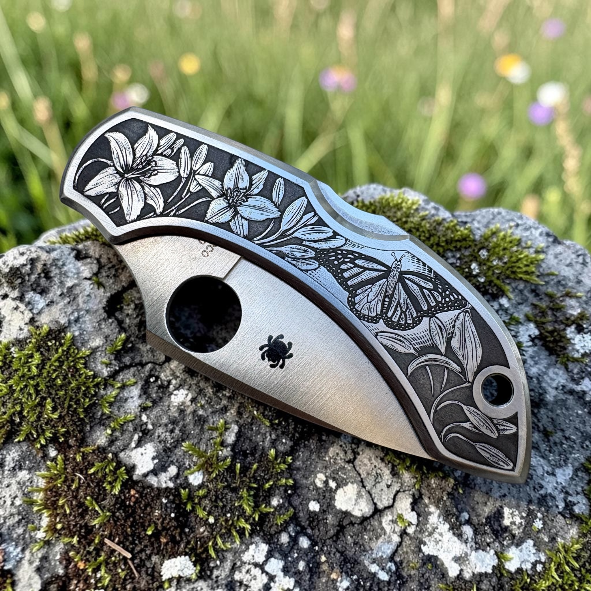 Spyderco Dragonfly with Engraved Lilies and Butterfly - Left Angle