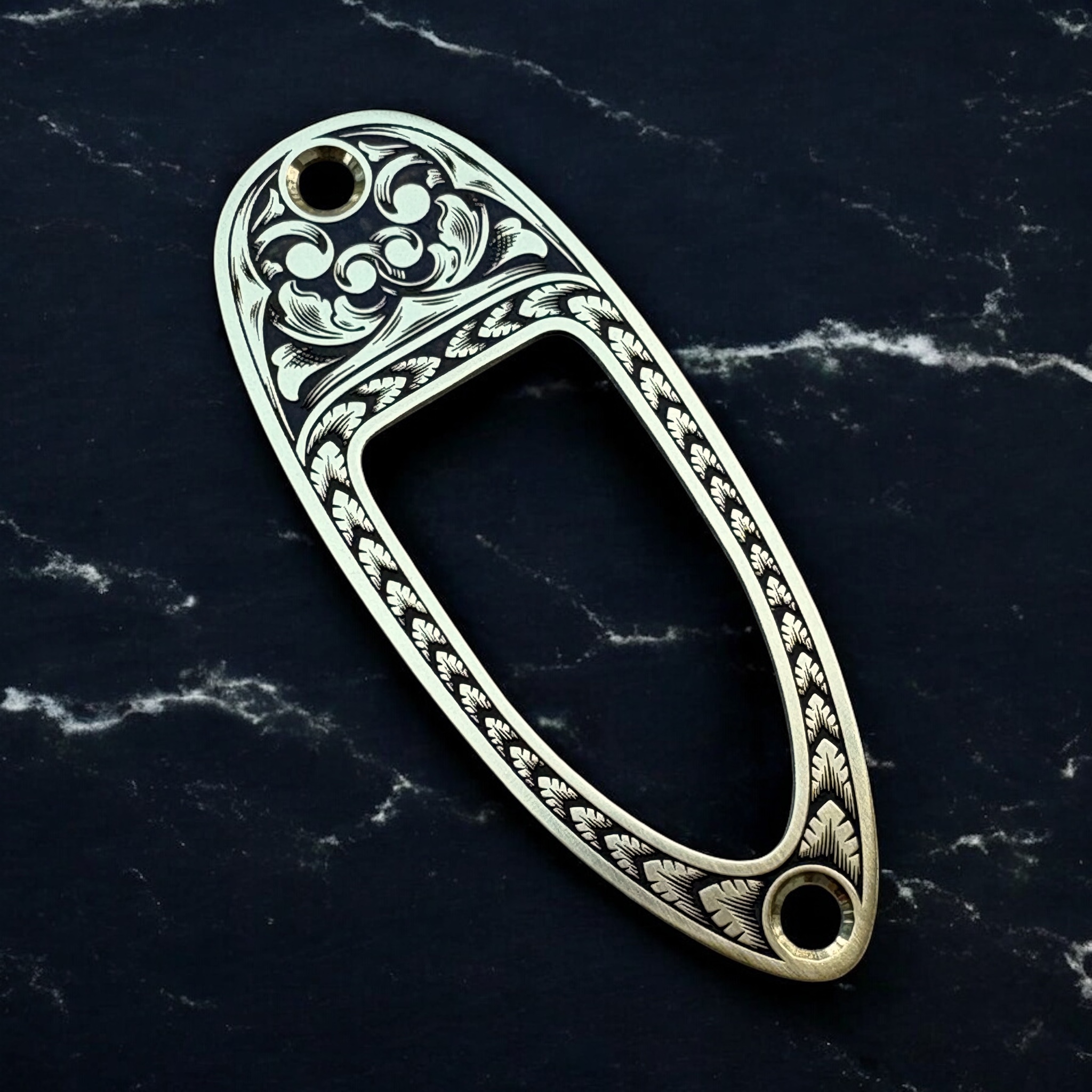 Custom Engraved Fender Stratocaster Jack Plate Ferrule - Scrolls and Wheat Border - Brass - L Angle