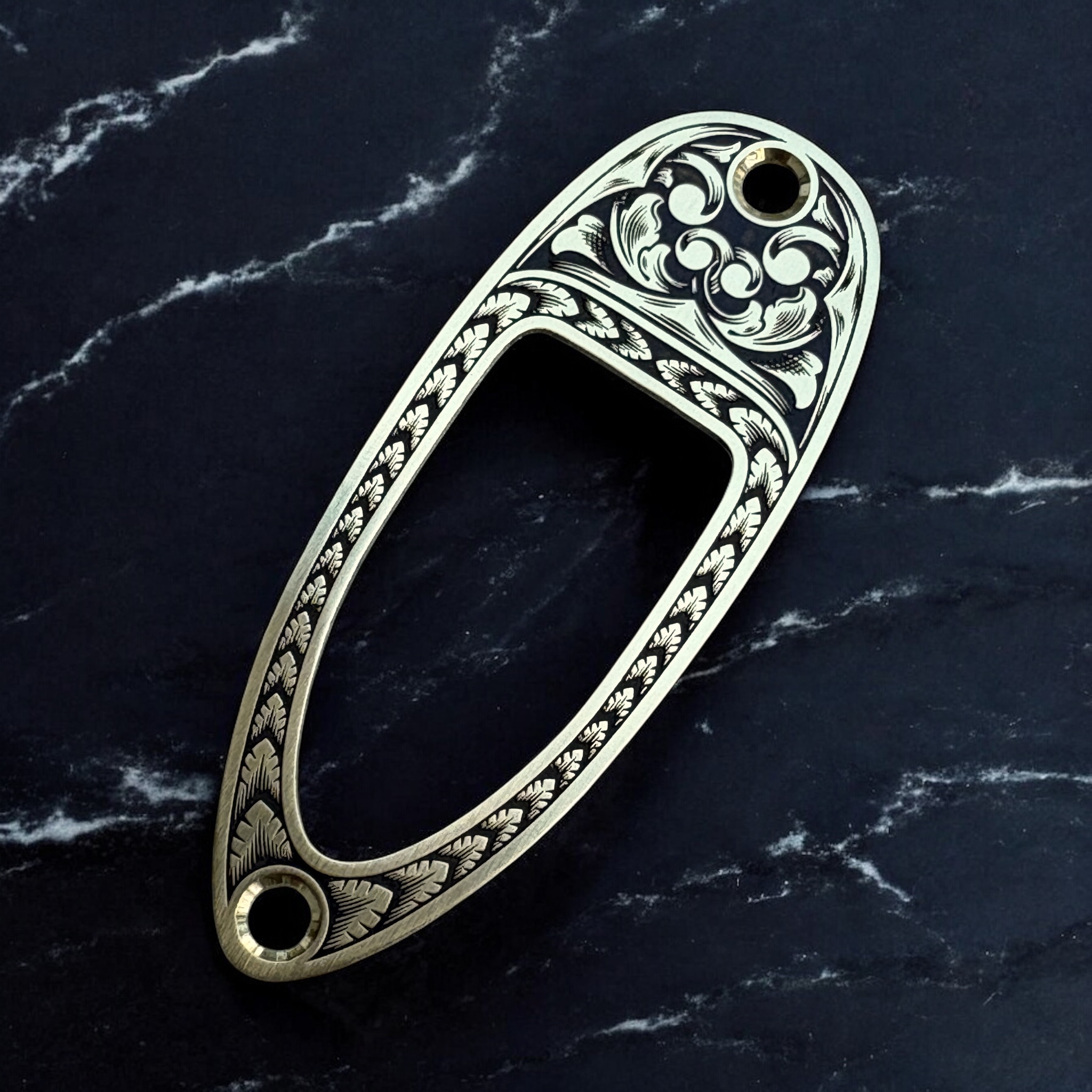 Custom Engraved Fender Stratocaster Jack Plate Ferrule - Scrolls and Wheat Border - Brass - R Angle