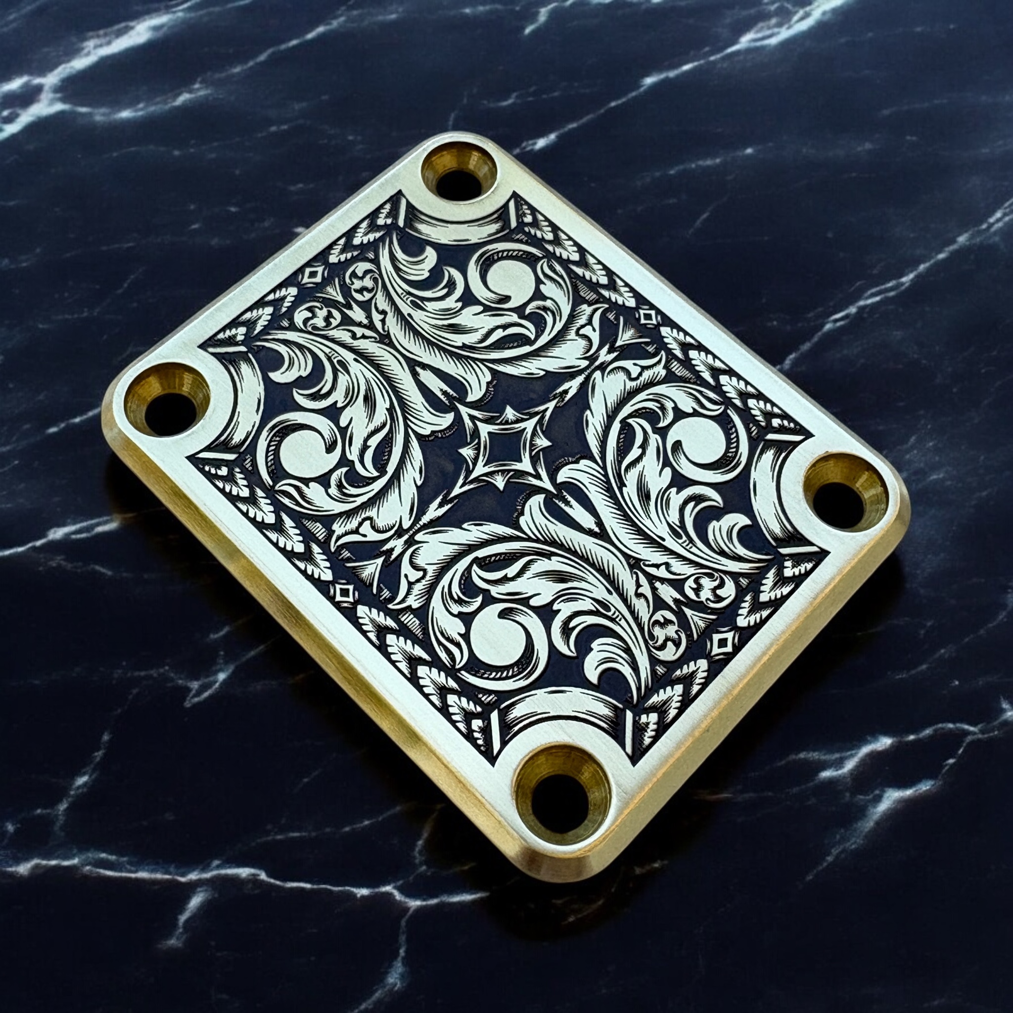 Custom Fender 4 Bolt Neck Plate - Engraved Scrollwork - Brass - L Angle