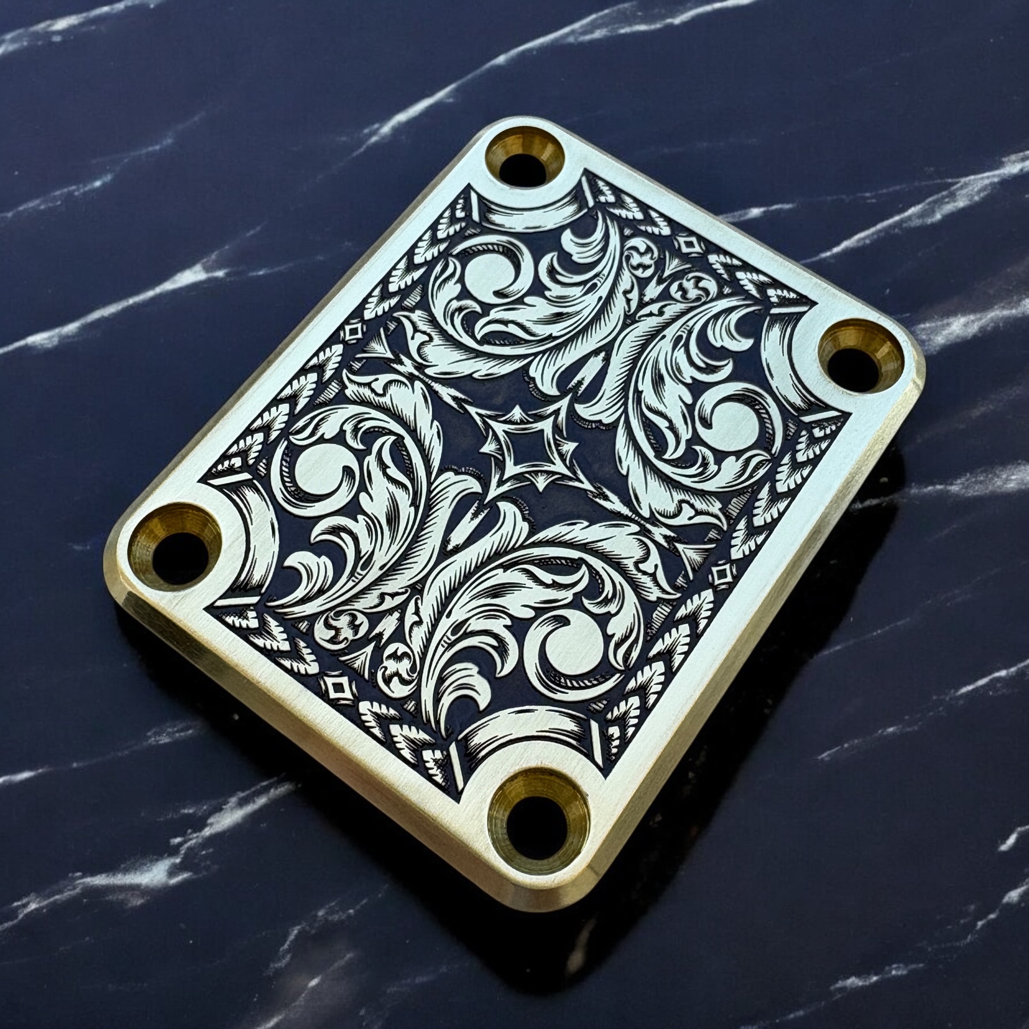 Custom Fender 4 Bolt Neck Plate - Engraved Scrollwork - Brass - R Angle