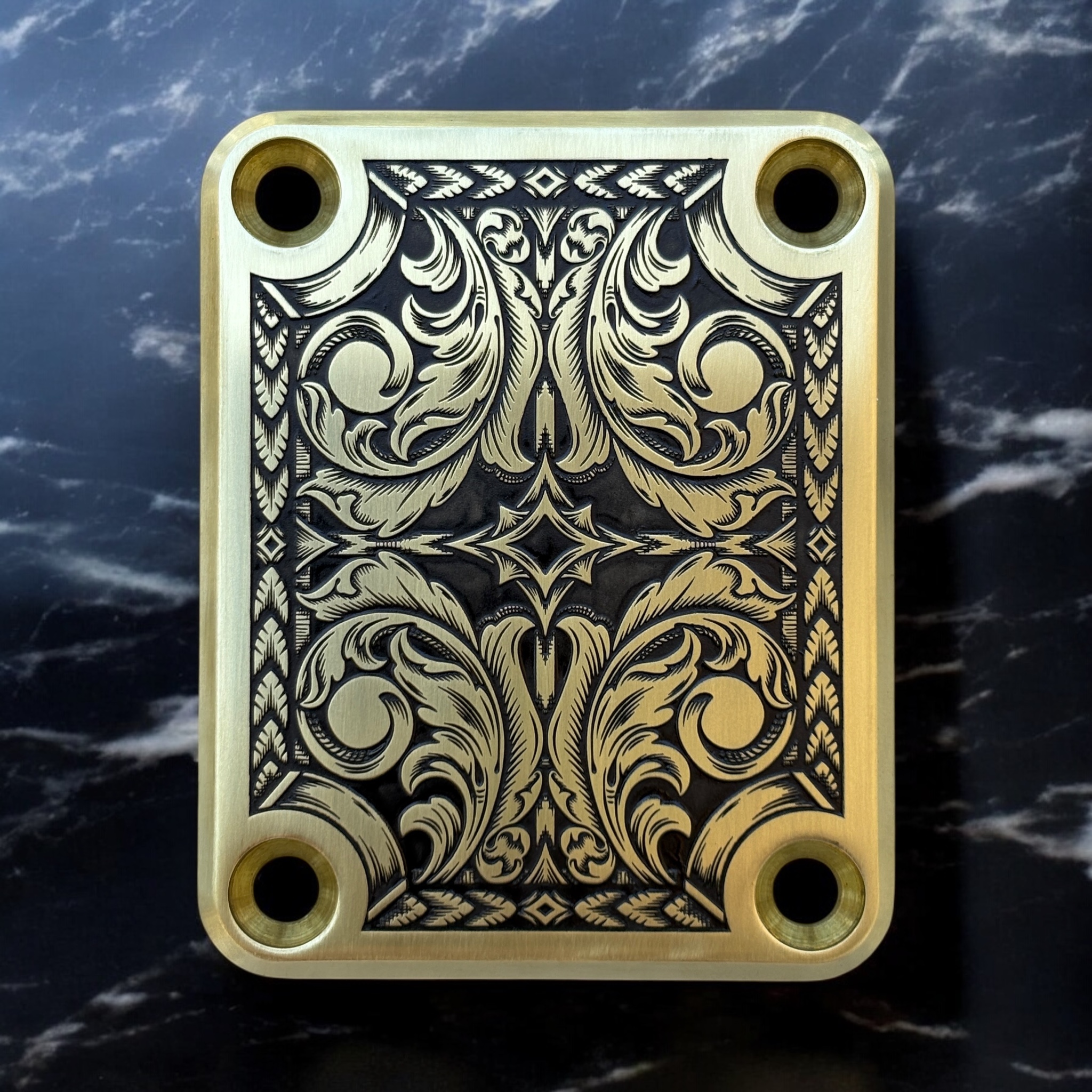 Custom Fender 4 Bolt Neck Plate - Engraved Scrollwork - Brass