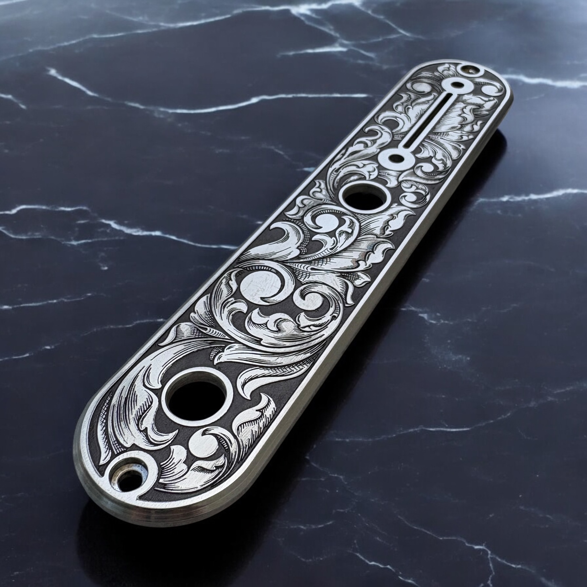 Telecaster Control Plate - Stainless Steel with Engraved Scrollwork - Close Angle