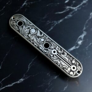 Telecaster Control Plate - Stainless Steel with Engraved Scrollwork - Left Angle