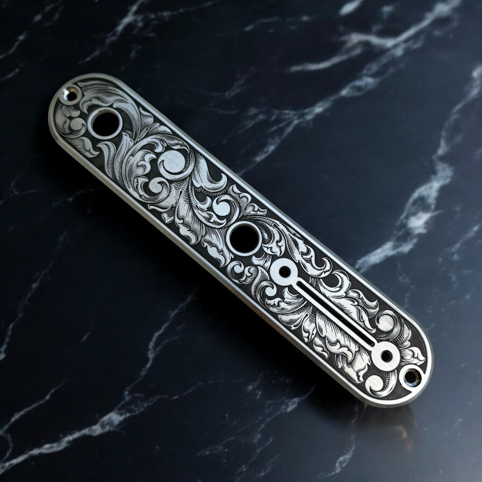 Telecaster Control Plate - Stainless Steel with Engraved Scrollwork - Left Angle