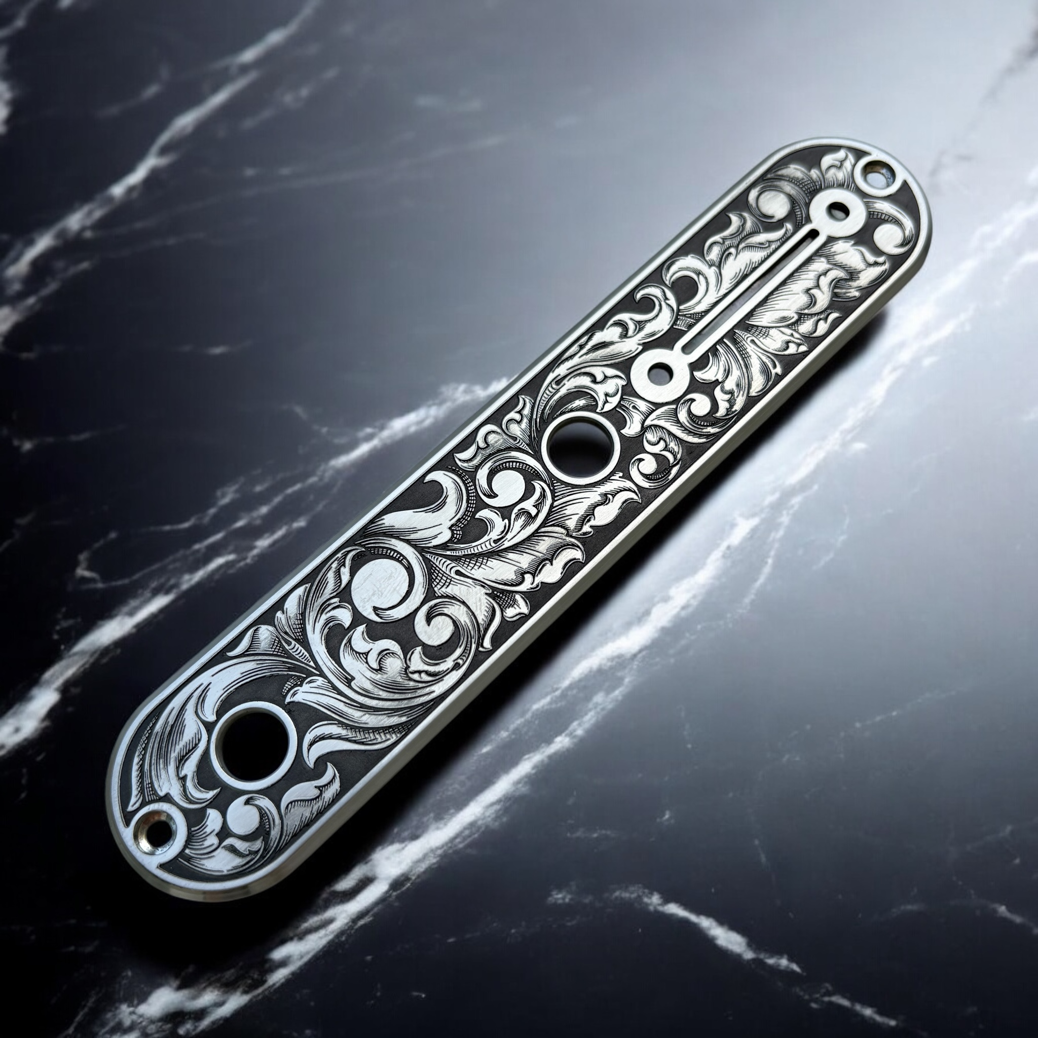 Telecaster Control Plate - Stainless Steel with Engraved Scrollwork - Right Angle
