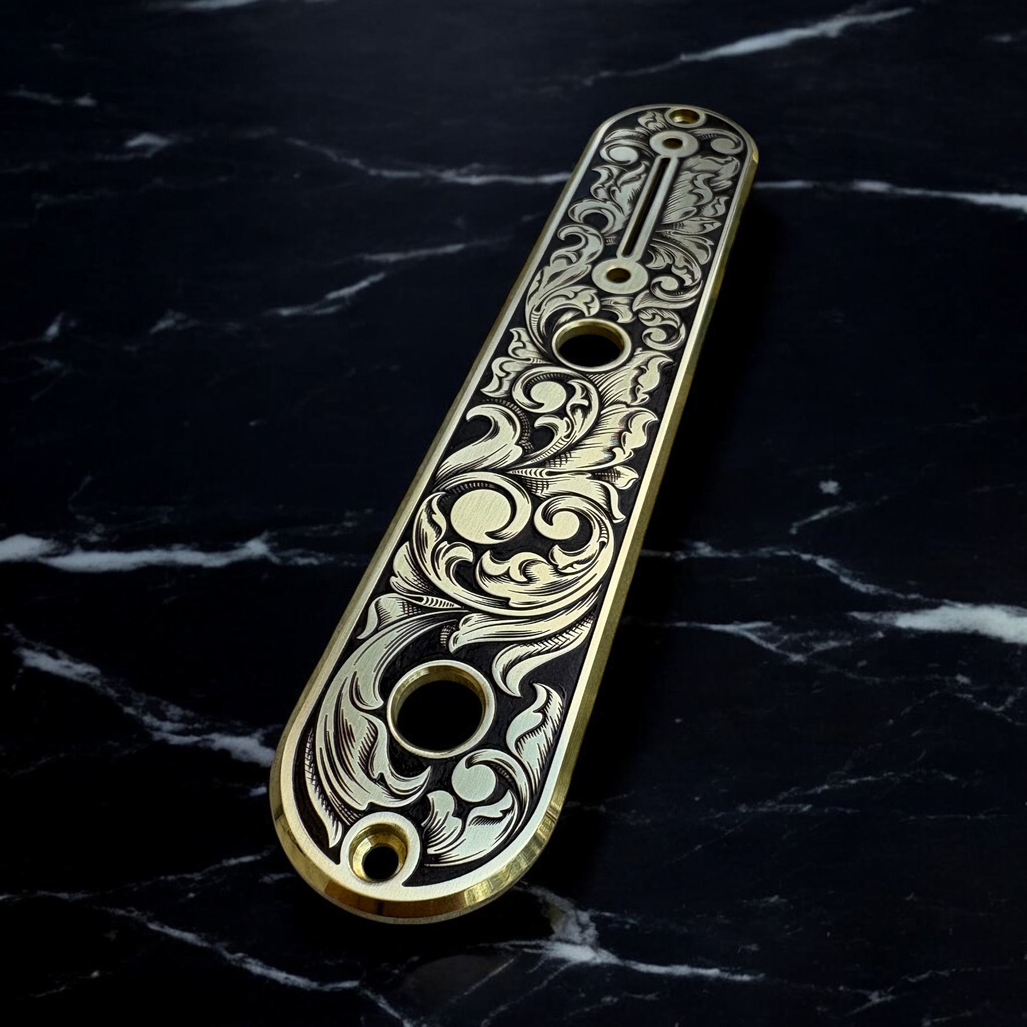 Telecaster Control Plate - Brass with Engraved Scrollwork - R Angle 1