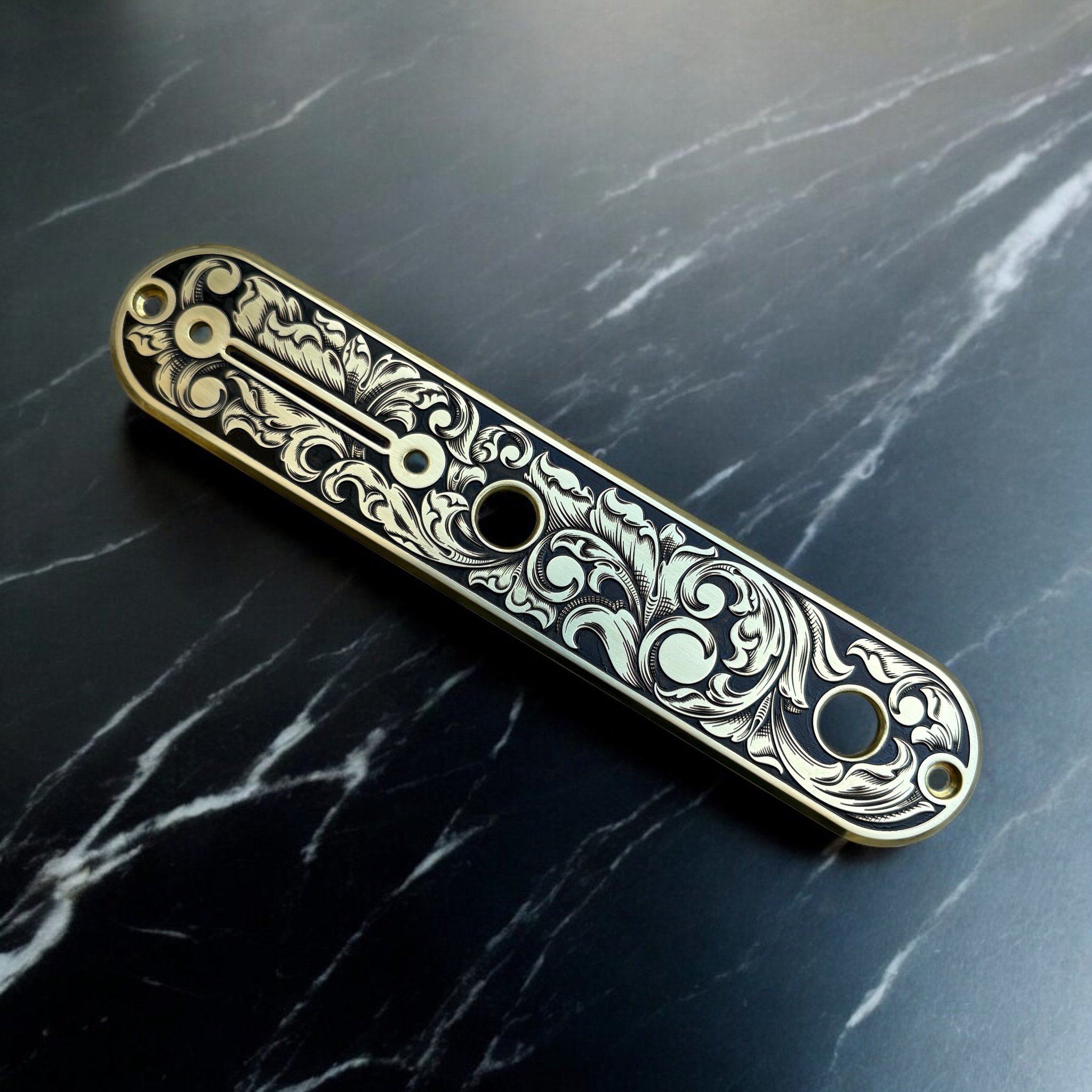 Telecaster Control Plate - Brass with Engraved Scrollwork - L Angle