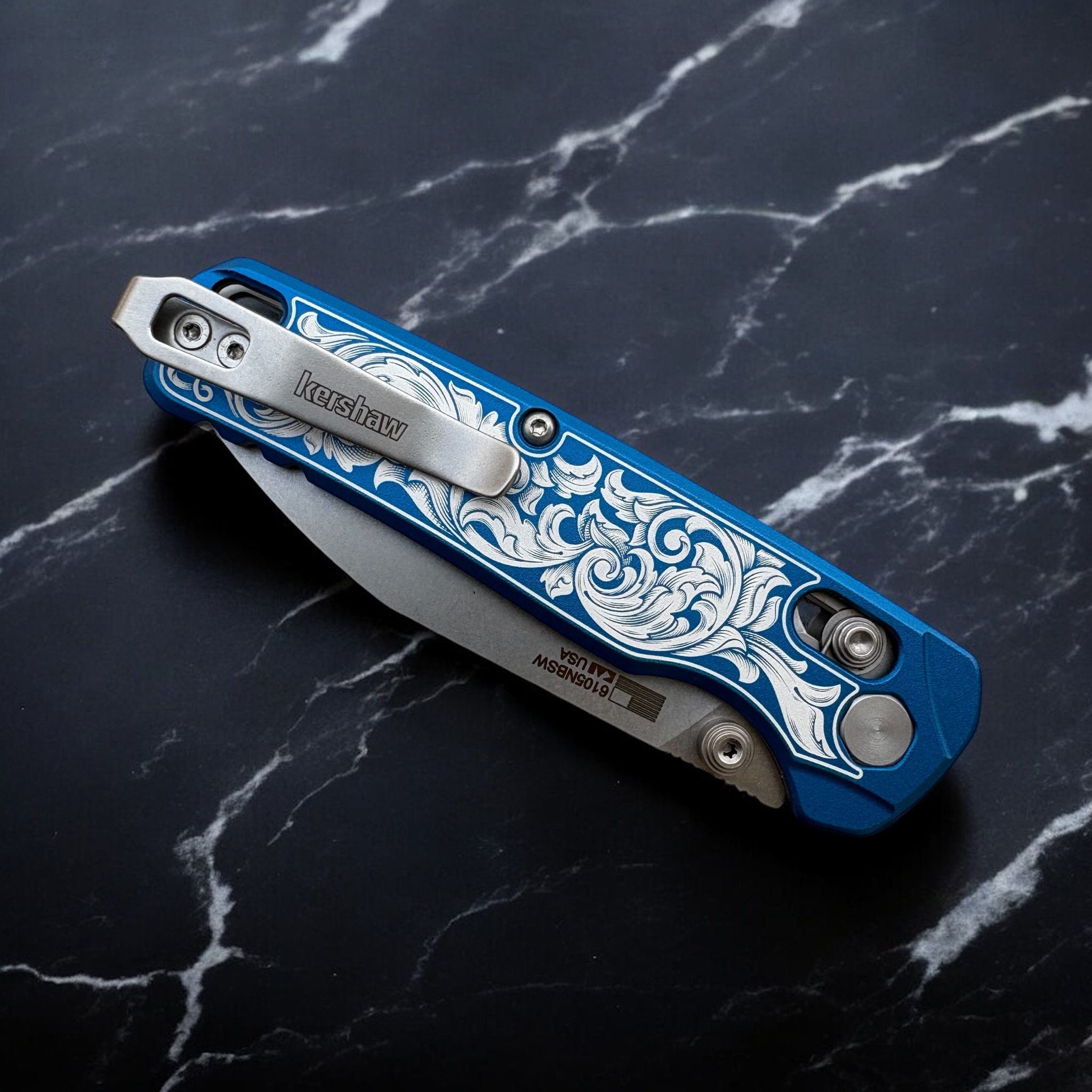 Kershaw Bel Air - Anodized Blue with engraved scrollwork - with Clip