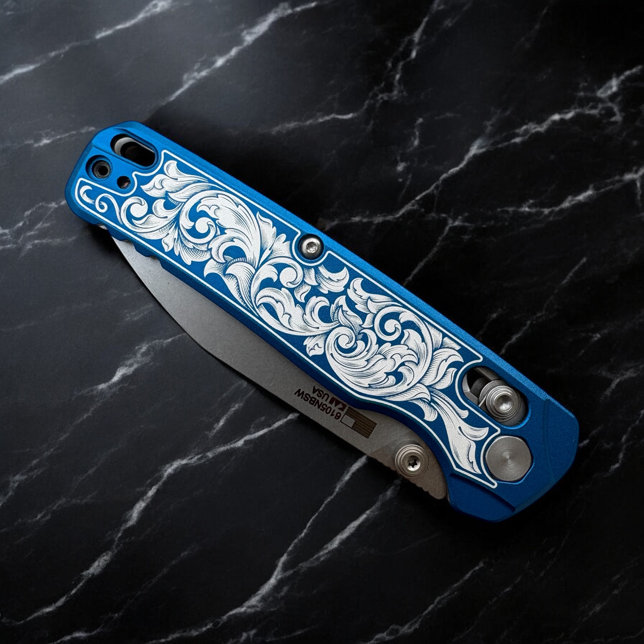 Kershaw Bel Air - Anodized Blue with engraved scrollwork - Back