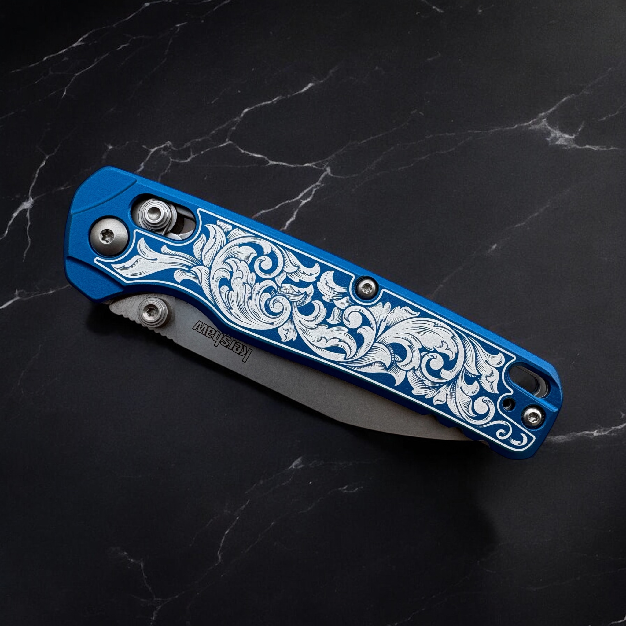 Kershaw Bel Air - Anodized Blue with engraved scrollwork - Front - L Angle