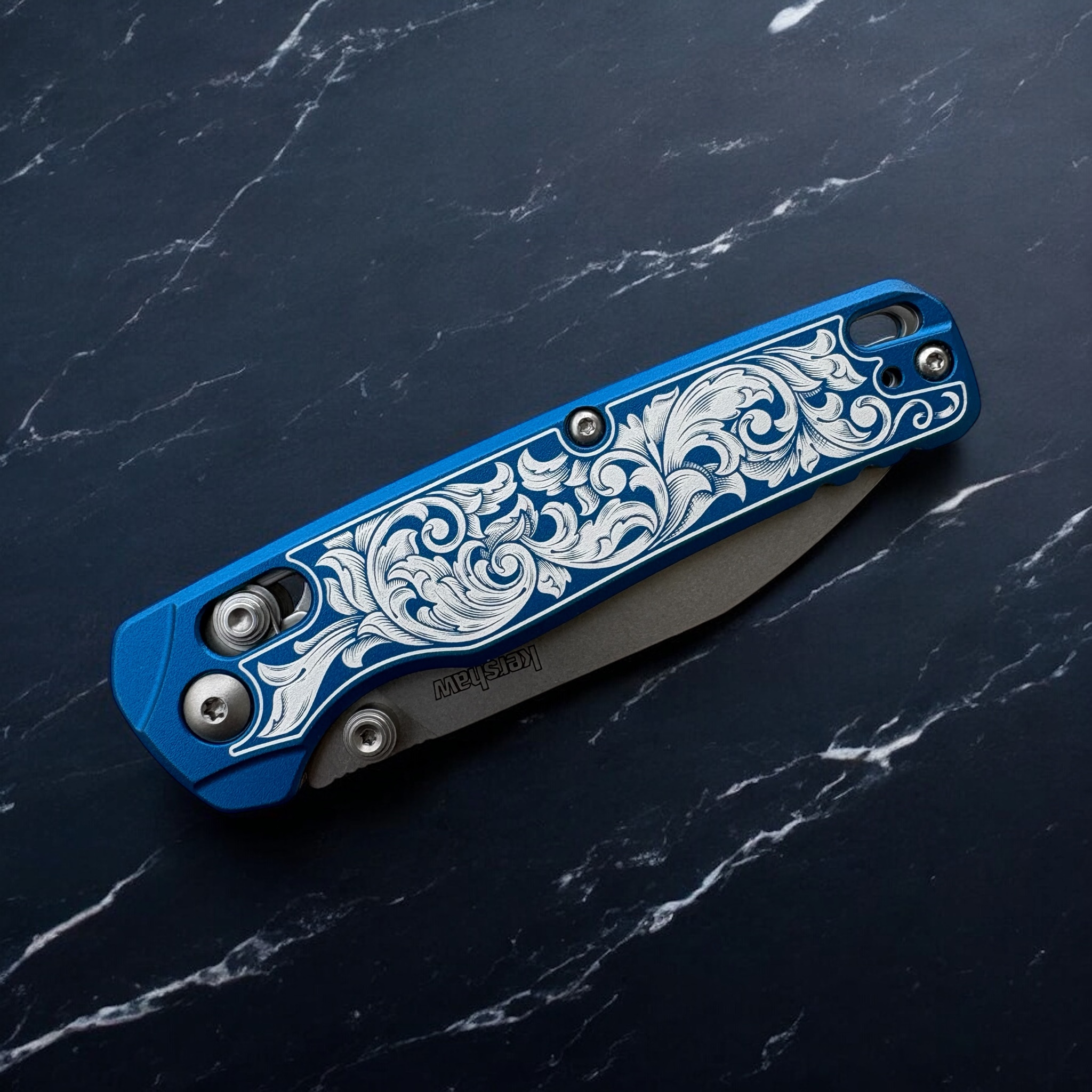 Kershaw Bel Air - Anodized Blue with engraved scrollwork - Front - R Angle