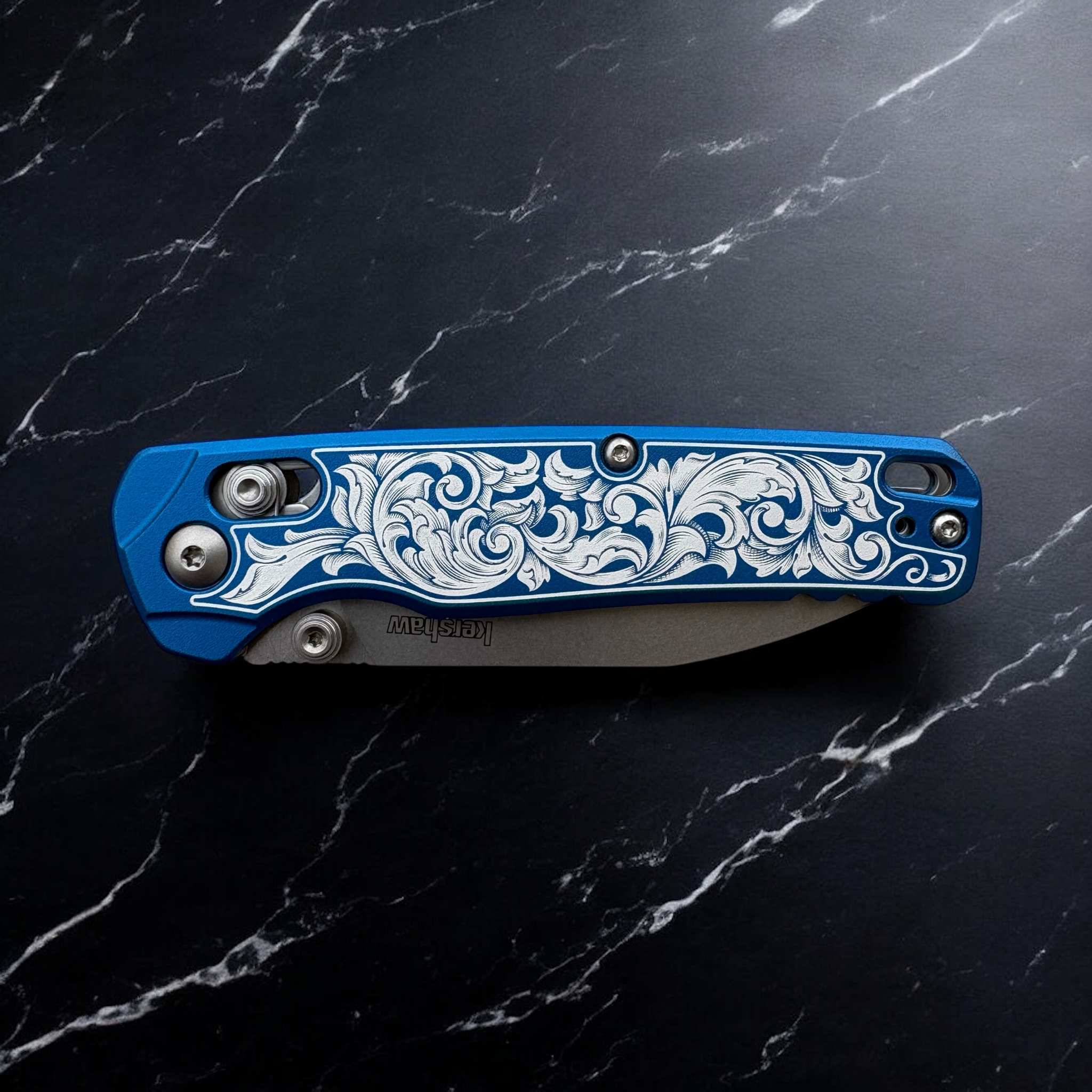 Kershaw Bel Air - Anodized Blue with engraved scrollwork - Front