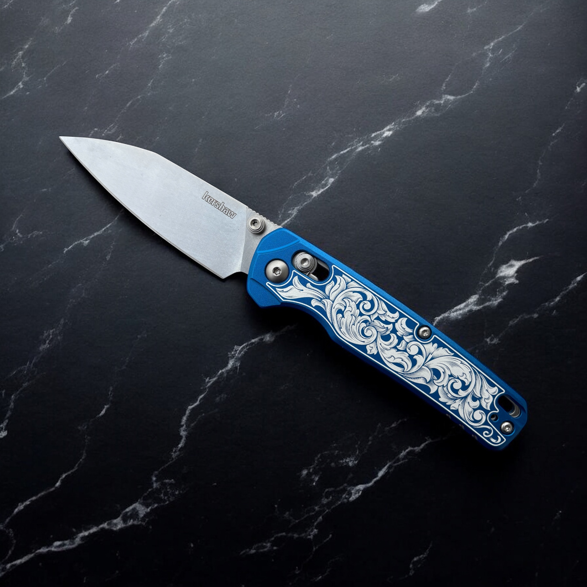 Kershaw Bel Air - Anodized Blue with engraved scrollwork - Open