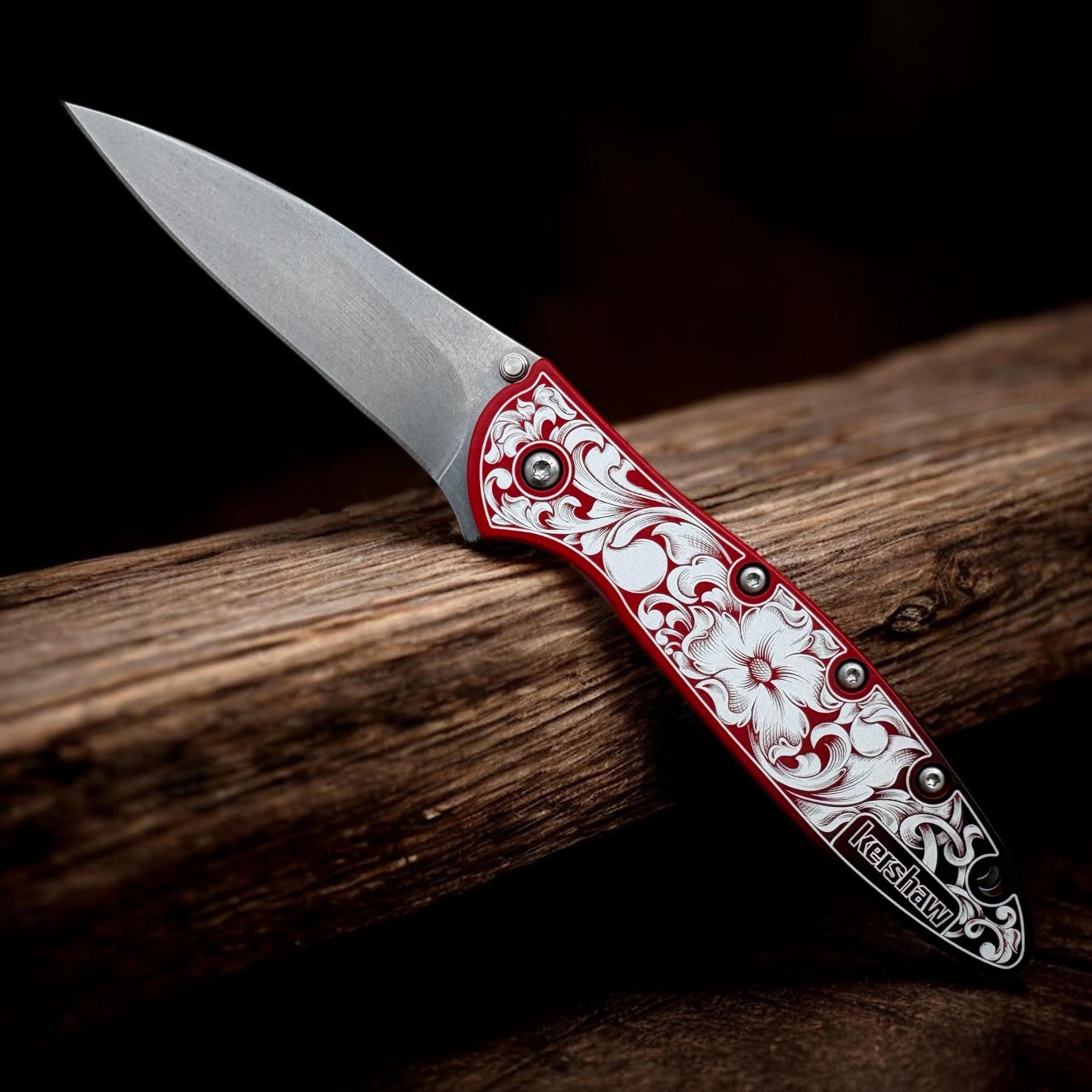 Kershaw Leek - Red Gradient - Engraved Floral - Open