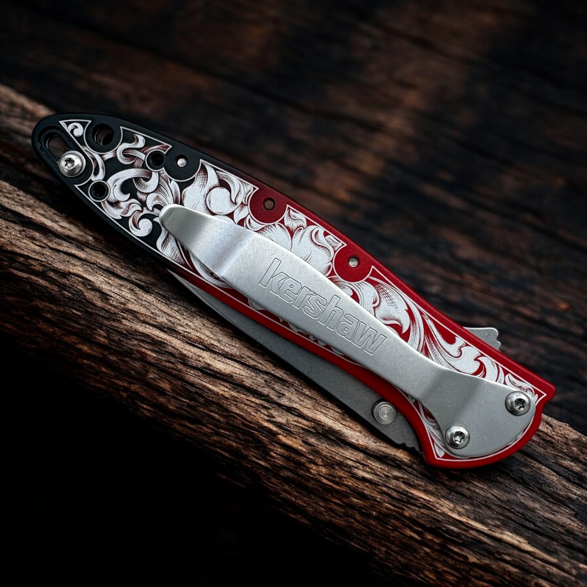 Kershaw Leek - Red Gradient - Engraved Floral - With Clip