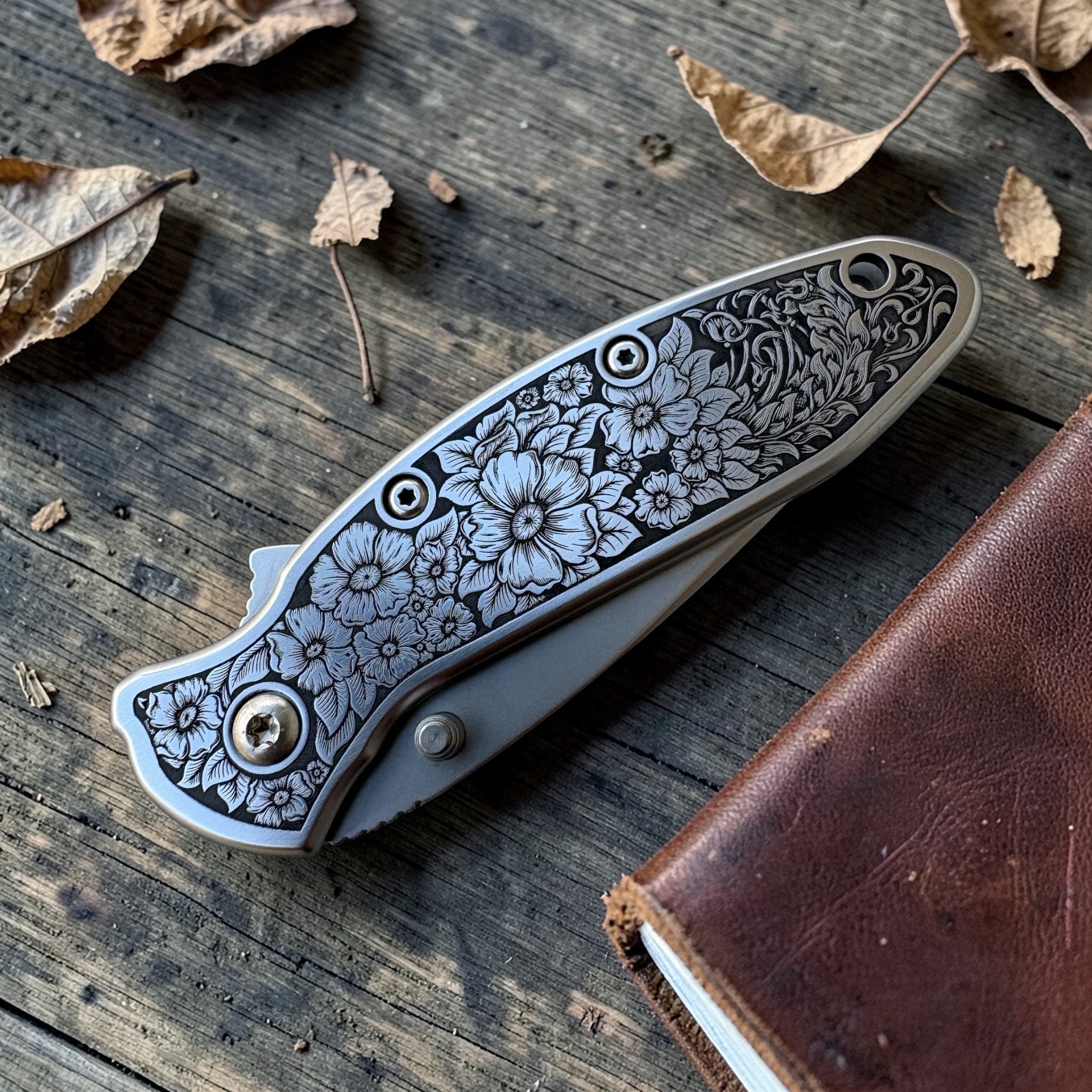 Kershaw Scallion with Deep Engraved Floral Bouquet - Right Angle