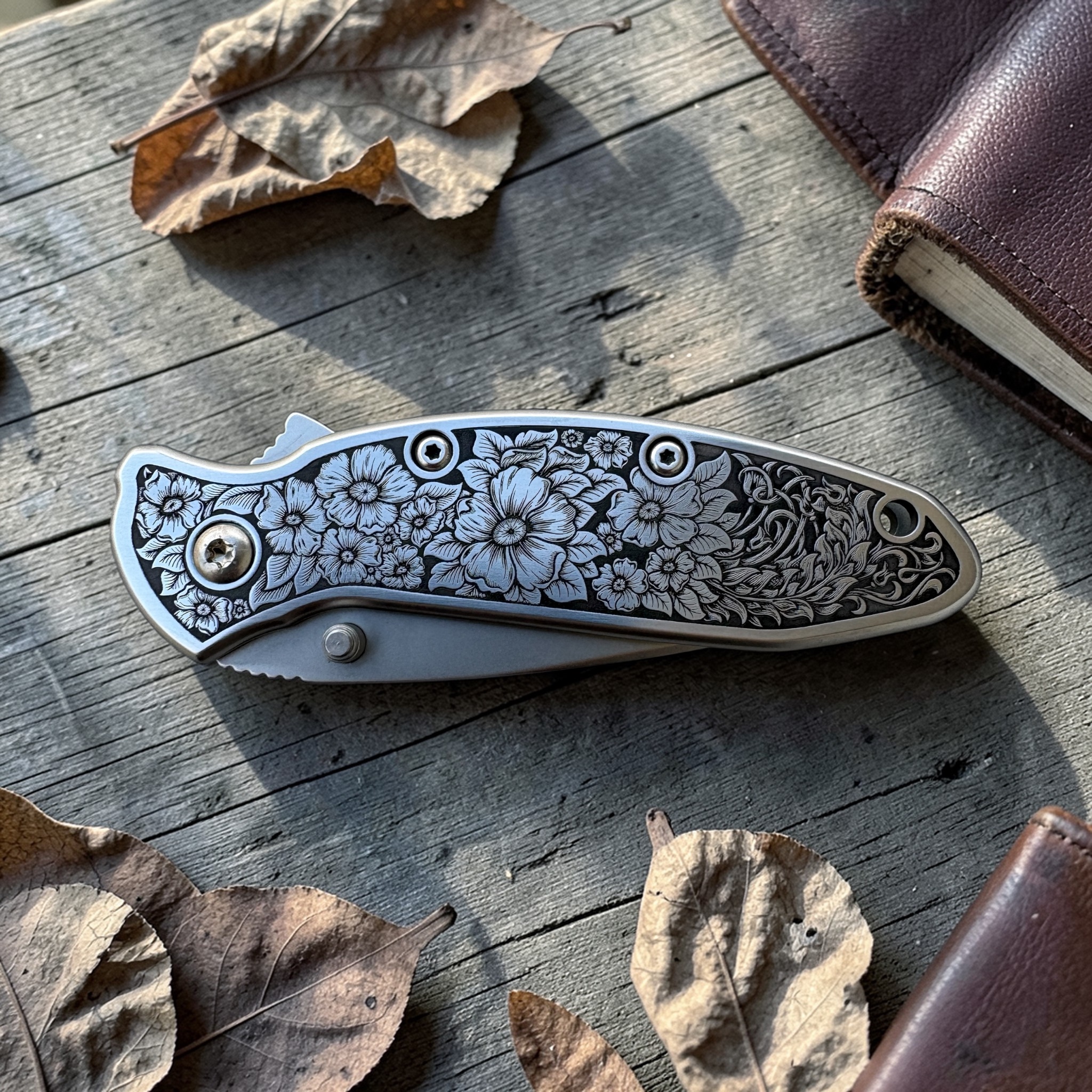 Kershaw Scallion with Deep Engraved Floral Bouquet