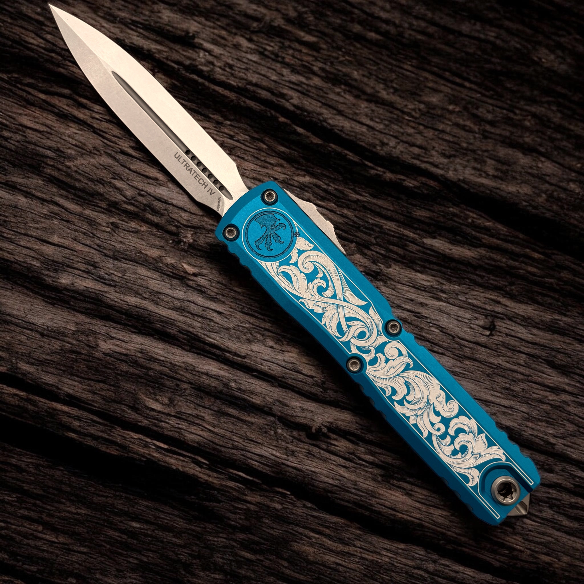 Microtech Ultratech - Blue Anodize - engraved scrolls - Open