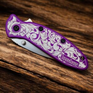Kershaw Scallion - Purple with Scrollwork - Front - Right Angle