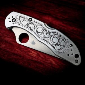 Spyderco Delica with Engraved Scrollwork - Left Angle