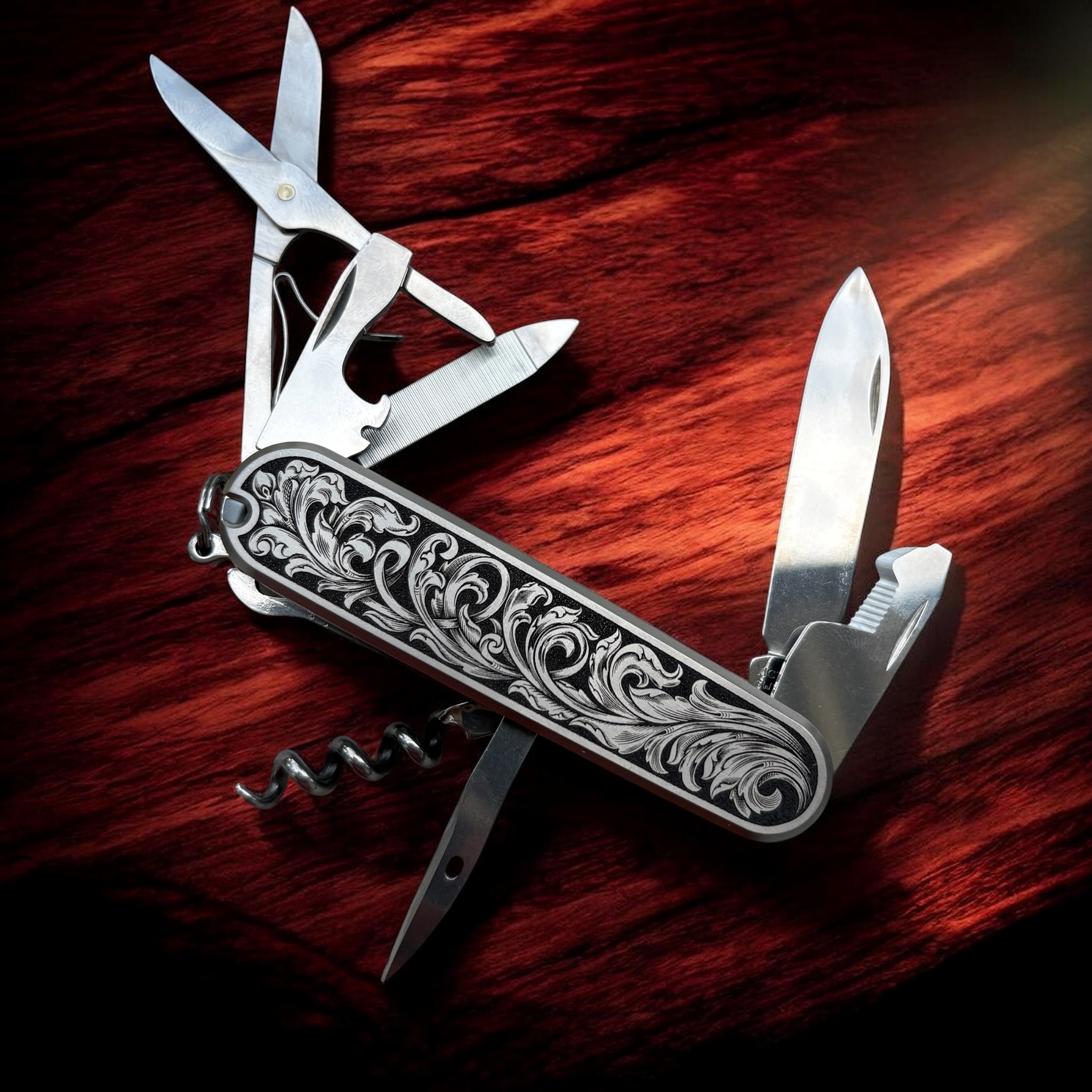 Victorinox Companion Swiss Army Knife with engraved Titanium Scales - Front Open