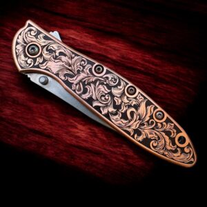 Kershaw Leek - Copper with Laser Engraved Scrollwork - Left Angle