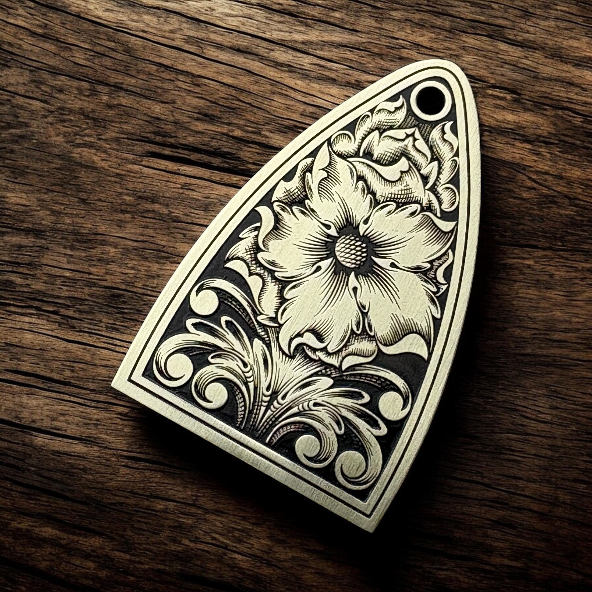 PRS Silver Sky Truss Rod Cover - Floral - Brass - Angle