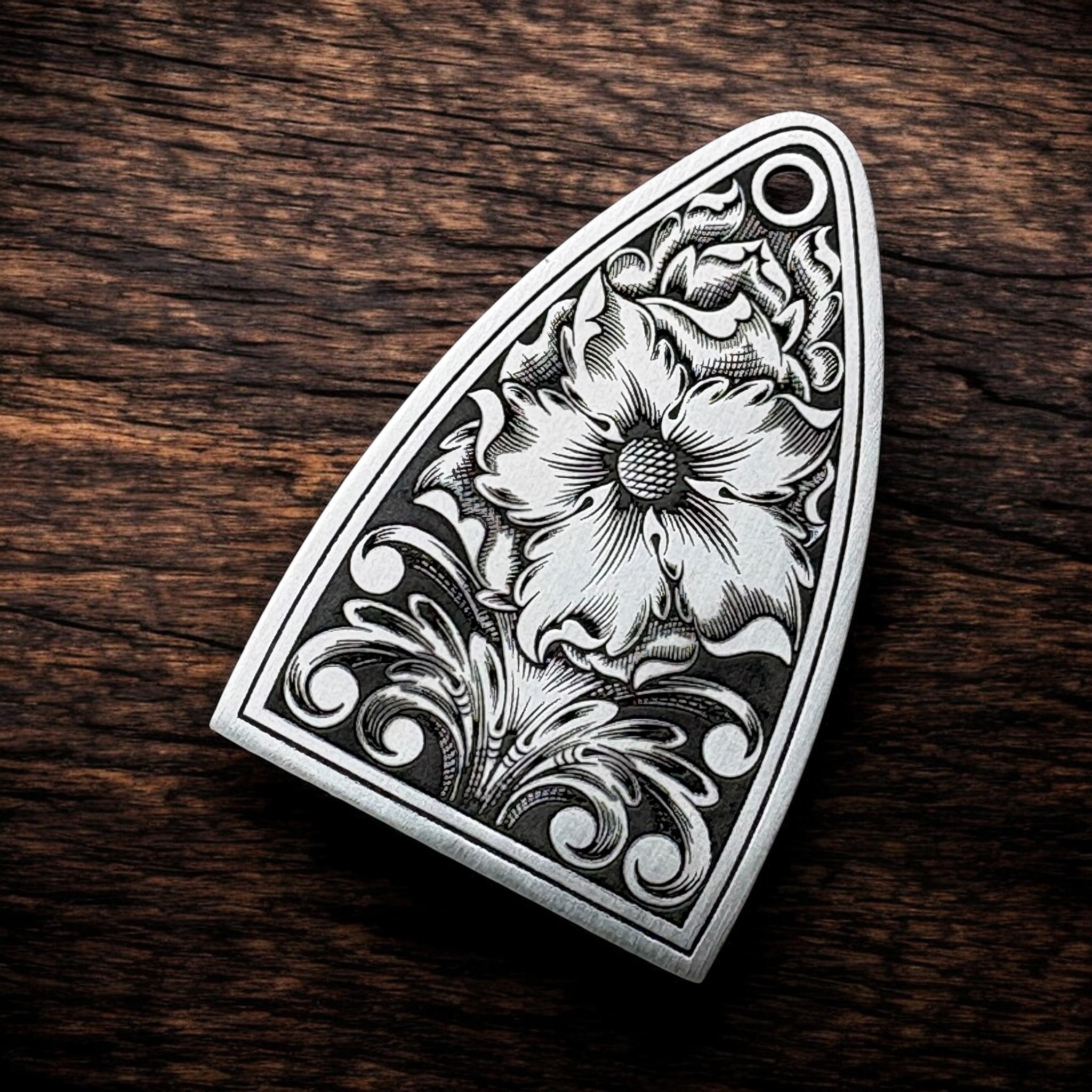 PRS Silver Sky Truss Rod Cover - Floral - Stainless - Angle